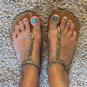 T strap gold glitter Nine West sandals